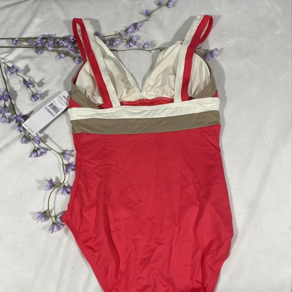 NWT DKNY [SZ 6 ]‎ Colorblock V Neck Maillot One Piece Swimsuit Coral - Picture 6 of 12